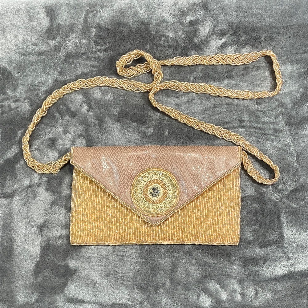 Elegant Gold and Tan Hand Beaded Women's Clutch